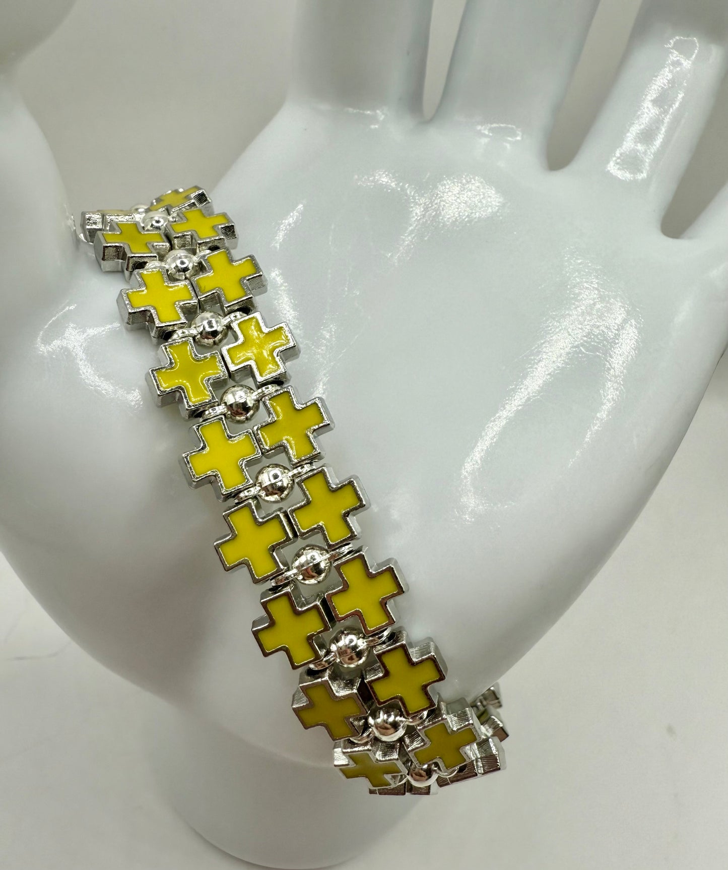 Bold Yellow Cross Link Bracelet – Adjustable 7.5” to 8”, Silver-Tone Double Row Design, Unique Statement Jewelry