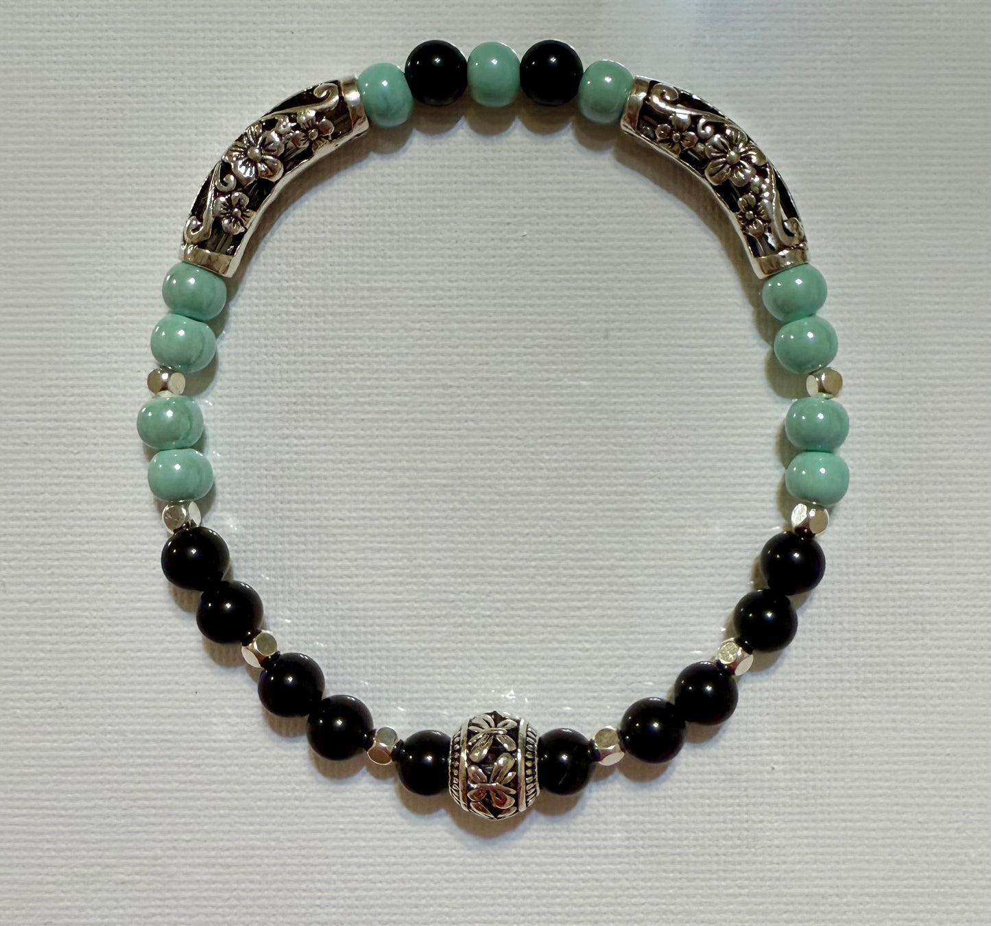 Black Agate and Ocean Stretch Bracelet 8"