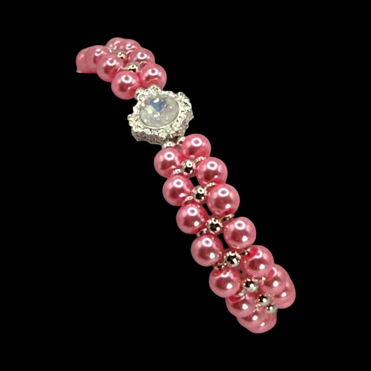 Pink Glass Pearl Bracelet with Opal Iridescent Focal | 8” Handmade Beaded Bracelet | Elegant Jewelry Gift for Her