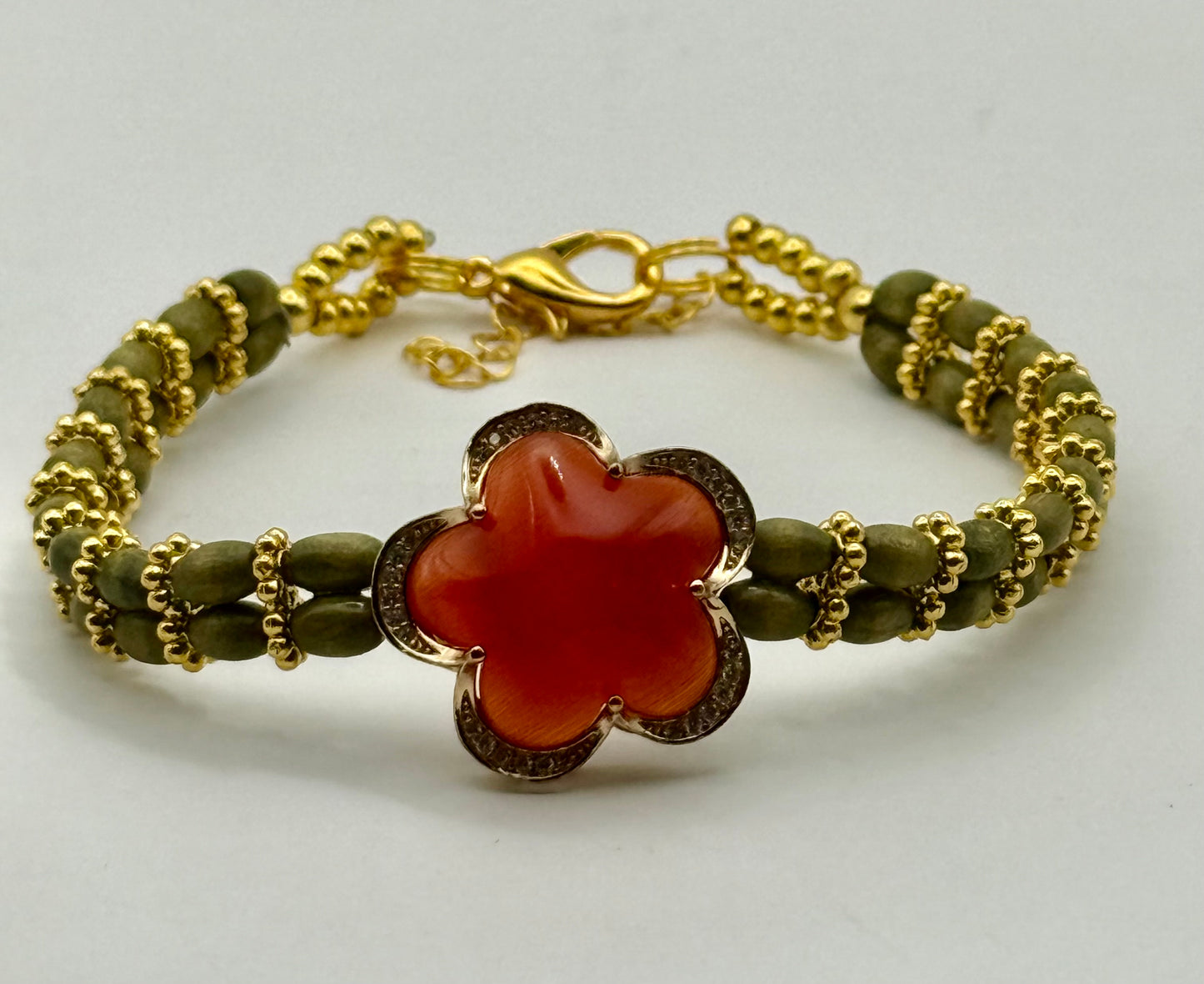 Carnelian Rhinestone Focal with Green African Wood and Gold Accents Bracelet 8"