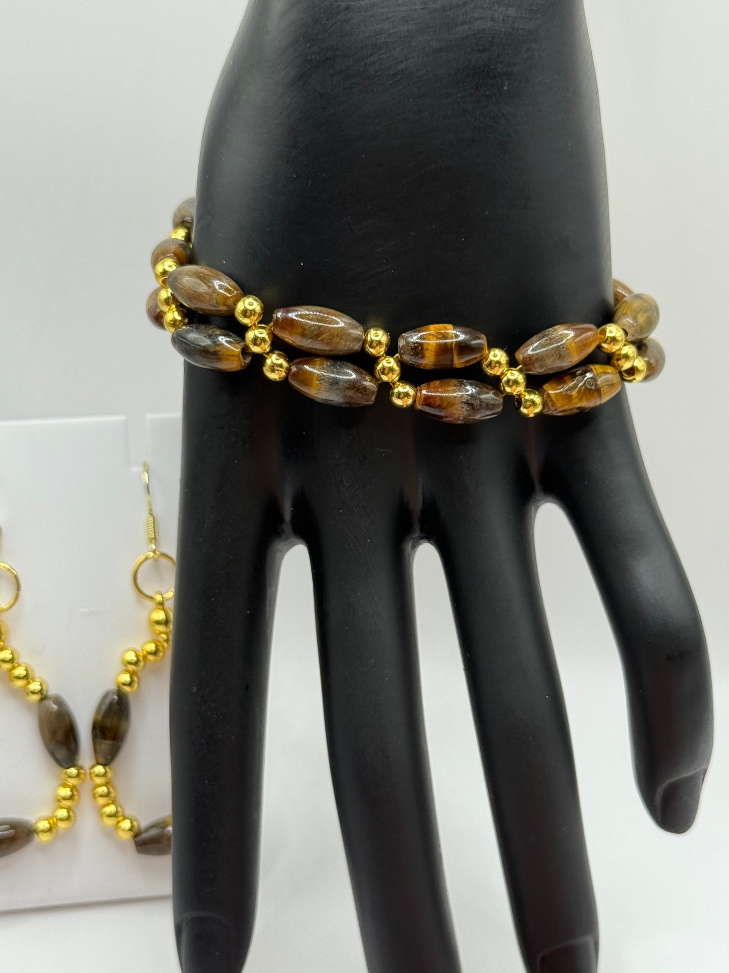 Tiger’s Eye Bracelet with Gold Accents – 7.75” Clasp – Free Resizing – Includes Complimentary Matching Earrings