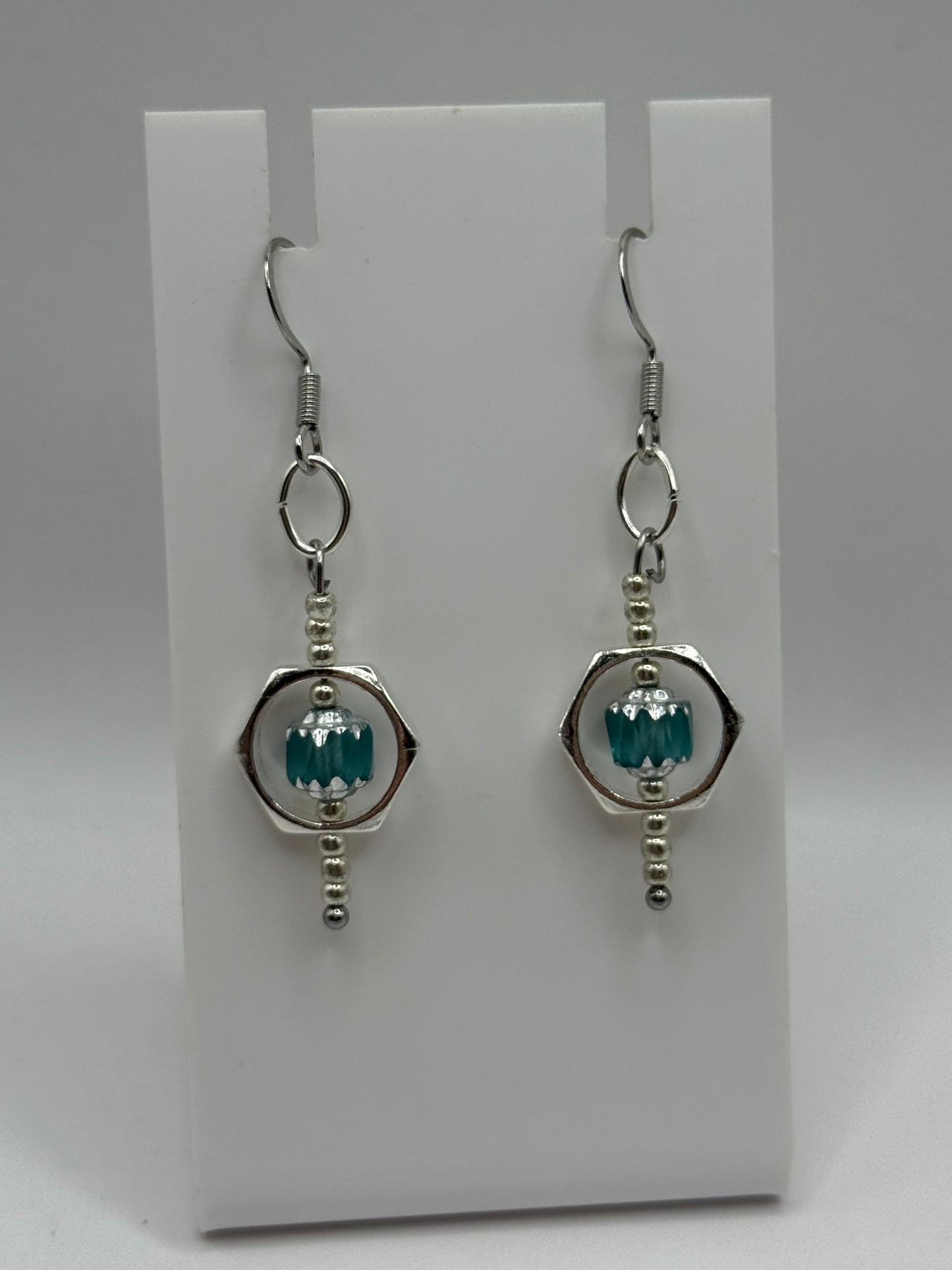 Teal Lantern Bead Bracelet and Earring Set | 7.75” Silver Framed Stretch Bracelet with Matching Earrings | Boho Chic Jewelry by LuckyCharm Boutique TX