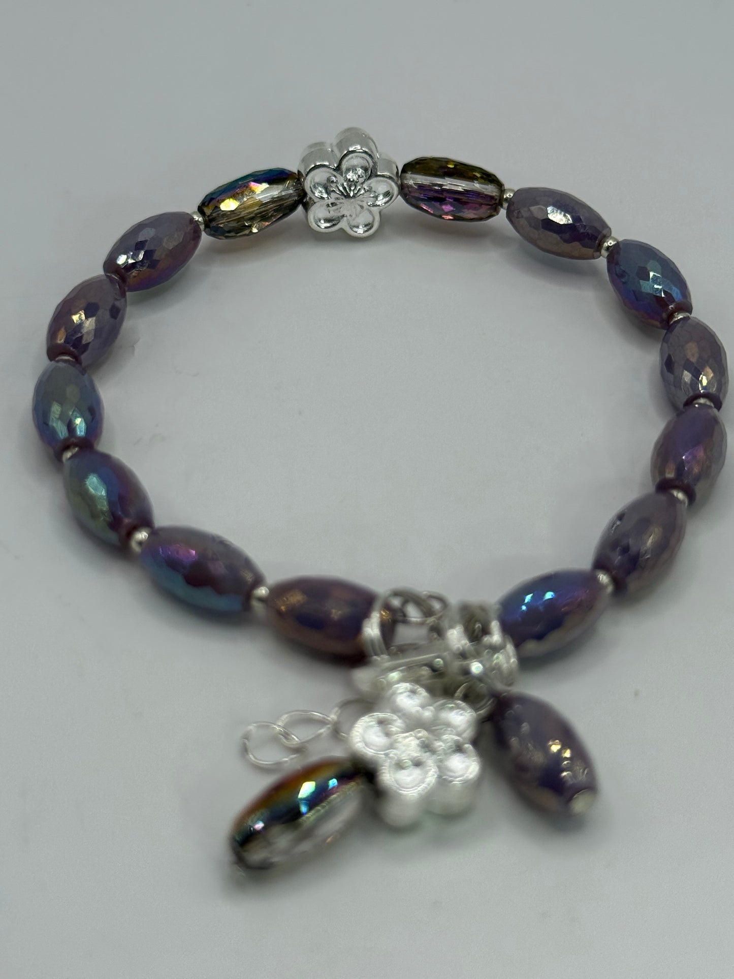 Iridescent Purple and Bronze Glass Bead Bracelet with Silver Flower Charm – 7.75” Clasp Bracelet, Handmade Gift for Her – Free Resizing