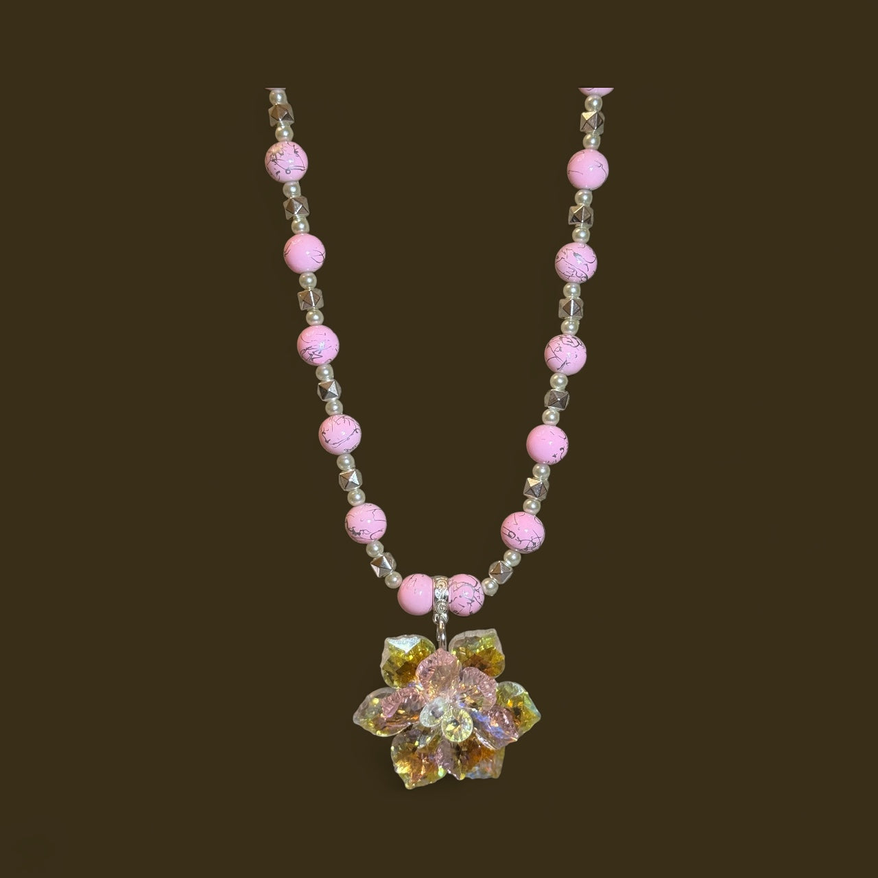 Pink Beaded Necklace with Crystal Flower Pendant – 26” Handmade Jewelry Set with Matching 8" Bracelet & Earrings