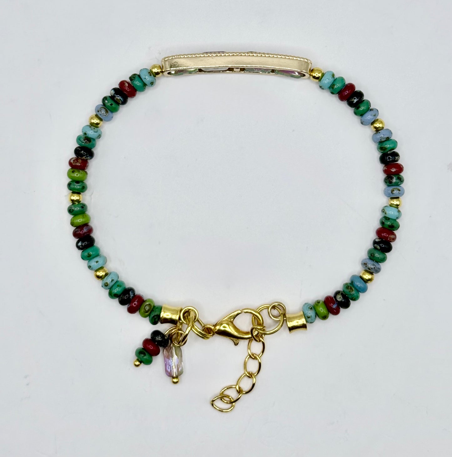 Picasso Glass Donut Bead Bracelet 7.5–8 Inch, Gold Bar Bracelet with AB Faceted Glass, Boho Adjustable Bracelet