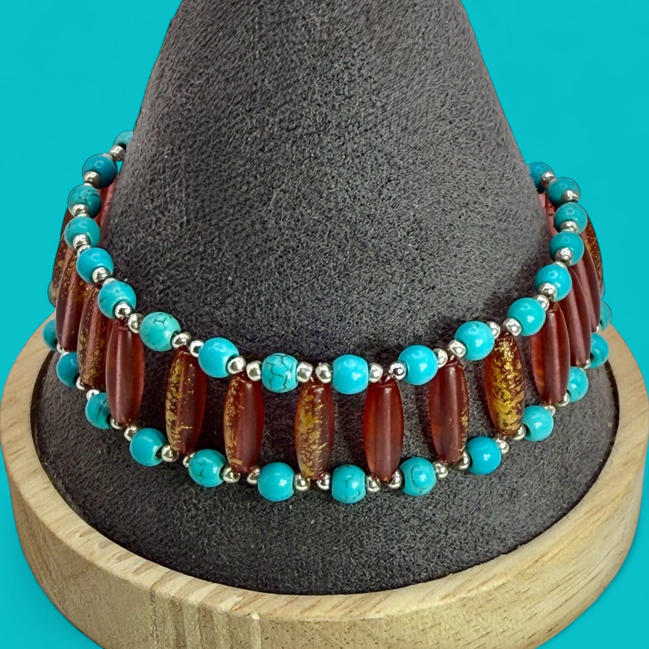 Handmade Turquoise Howlite & Golden Orange Rice Bead Bracelet – 7.5” Adjustable Clasp | Southwest Boho Jewelry