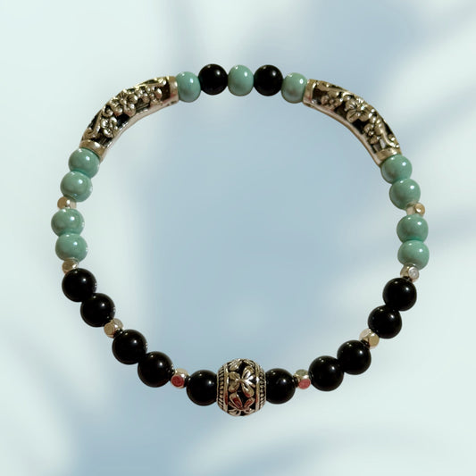 Black Agate and Ocean Stretch Bracelet 8"