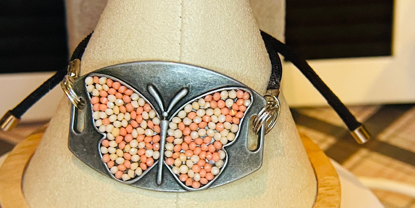Peach Butterfly corded bracelet (adjustable)