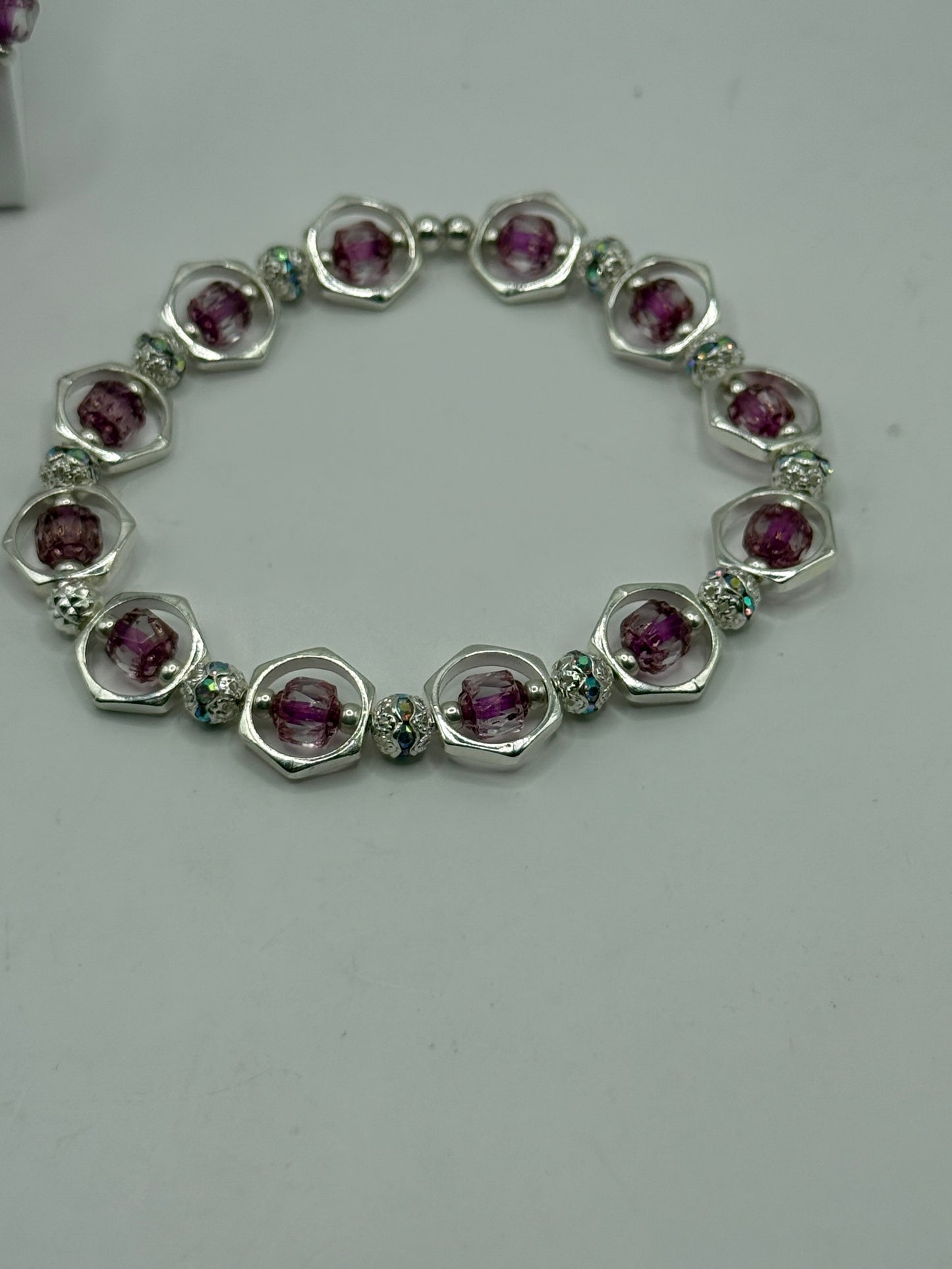 Bright Pink Lantern Bead Bracelet | 7.75” Silver Framed Stretch Bracelet with Complimentary Earrings | Sparkling Handmade Jewelry by LuckyCharm Boutique TX