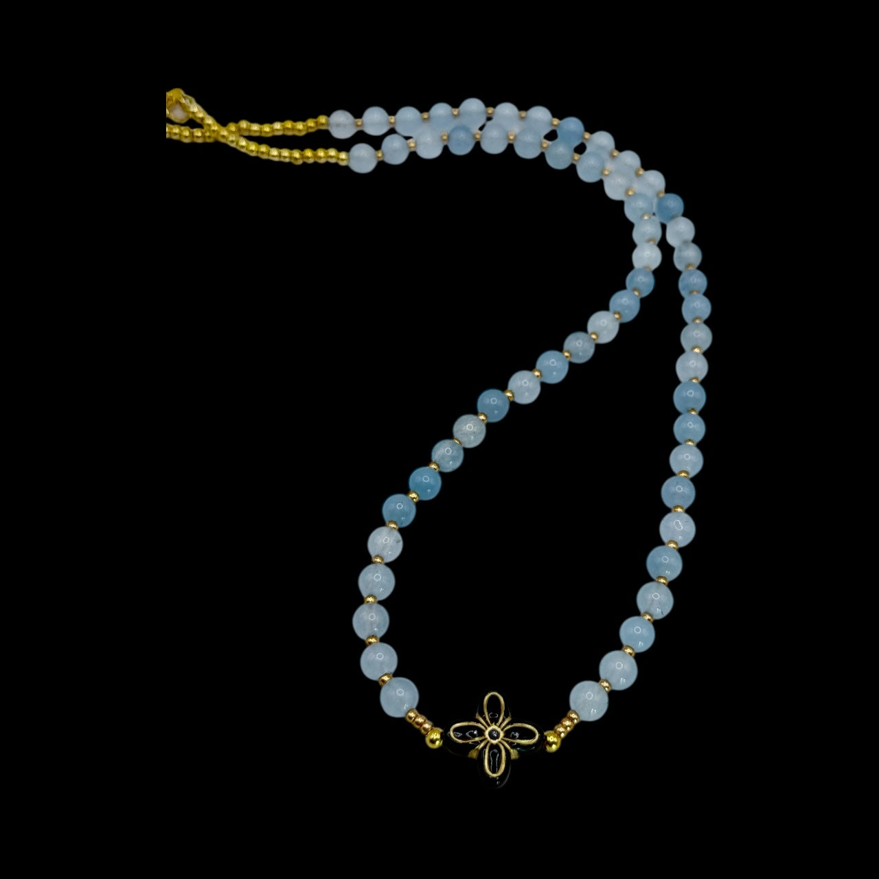 18” Soft Blue Beaded Necklace with Black & Gold Floral Statement Center