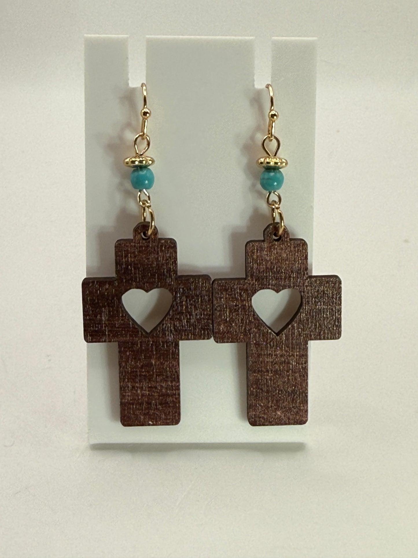 Wooden Cross Earrings with Heart Cutout – Handmade Dangle Earrings with Turquoise Howlite Bead Accent