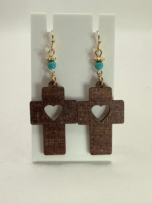 Wooden Cross Earrings with Heart Cutout – Handmade Dangle Earrings with Turquoise Howlite Bead Accent