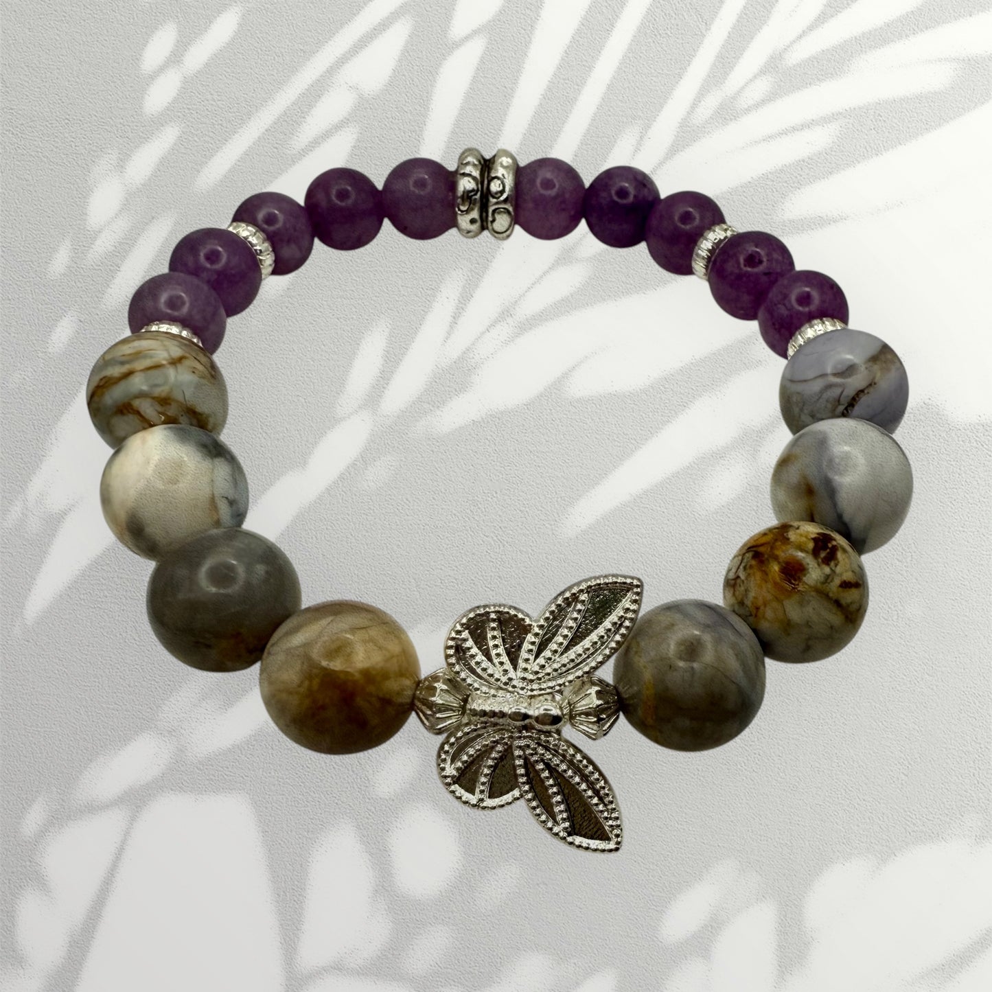 Amethyst Agate and Amethyst Butterfly Bracelets 7.5" Wired and Stretch
