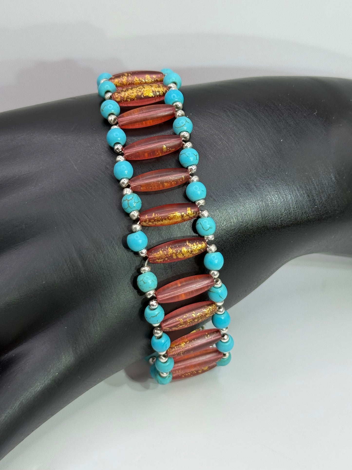 Handmade Turquoise Howlite & Golden Orange Rice Bead Bracelet – 7.5” Adjustable Clasp | Southwest Boho Jewelry