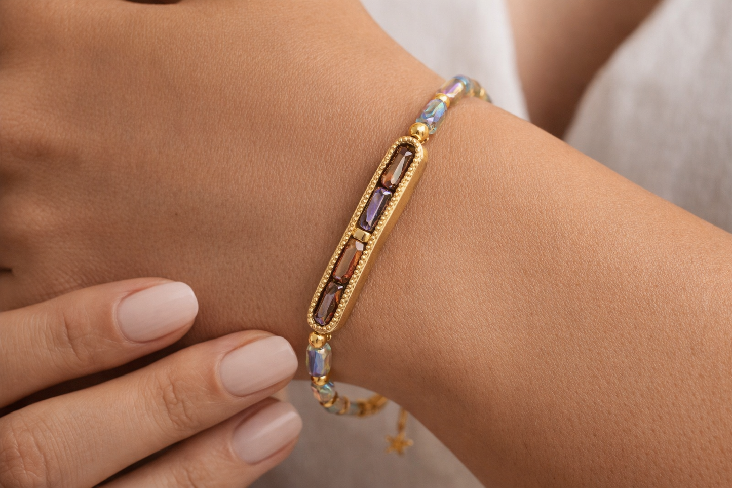 AB Iridescent Glass Bar Bracelet | Gold Frame Adjustable Bracelet | Handmade Sparkle Bracelet | 7–7.75 Inch