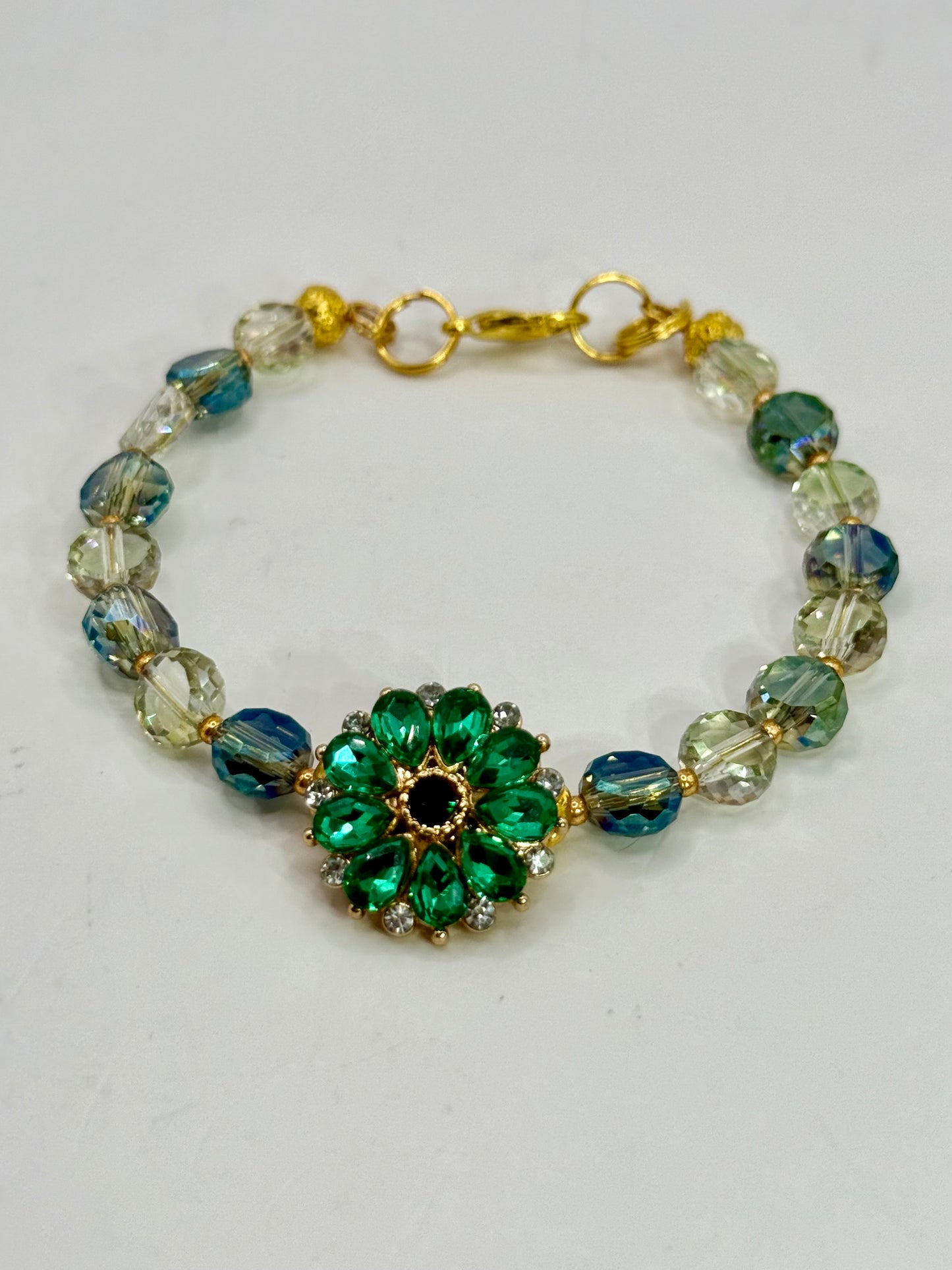 Emerald Green Crystal Flower Bracelet – 7.5” Clasp Bracelet | Adjustable | Handmade Beaded Jewelry Gift | Free Gift Included