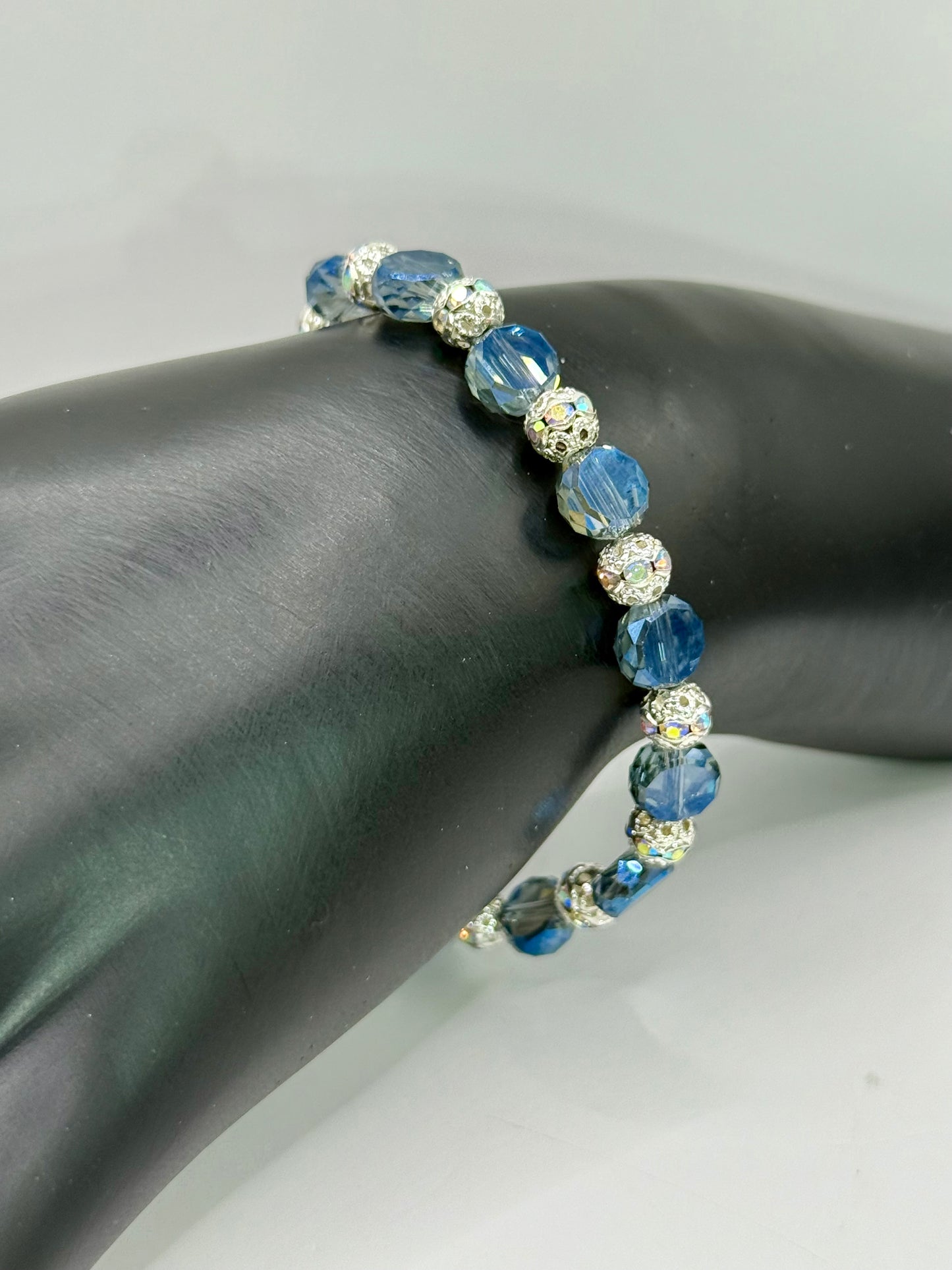 Elegant Deep Blue Faceted Glass Bracelet with Silver Accents | 7.5” Clasp Bracelet | Ocean Blue Crystal Jewelry | Gift for Her