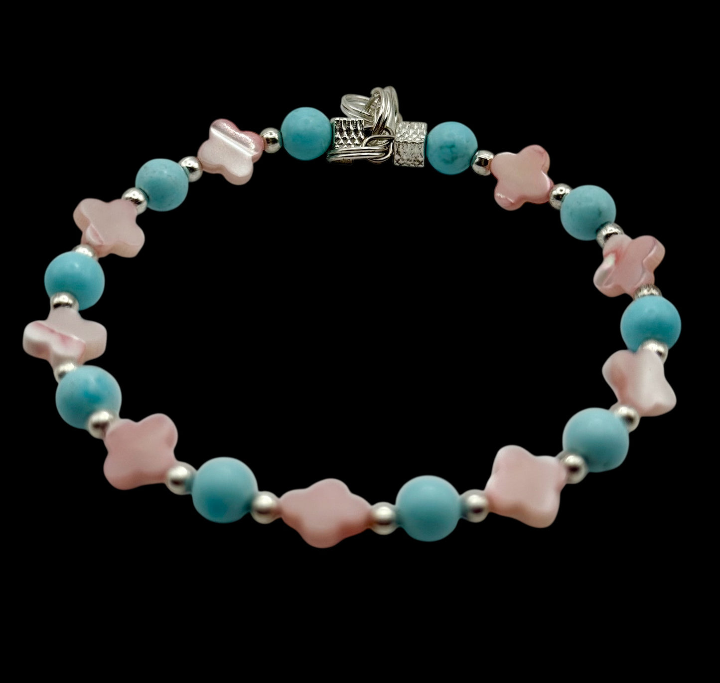 Pink Mother of Pearl & Blue Glass Beaded Bracelet – 7.5” Adjustable