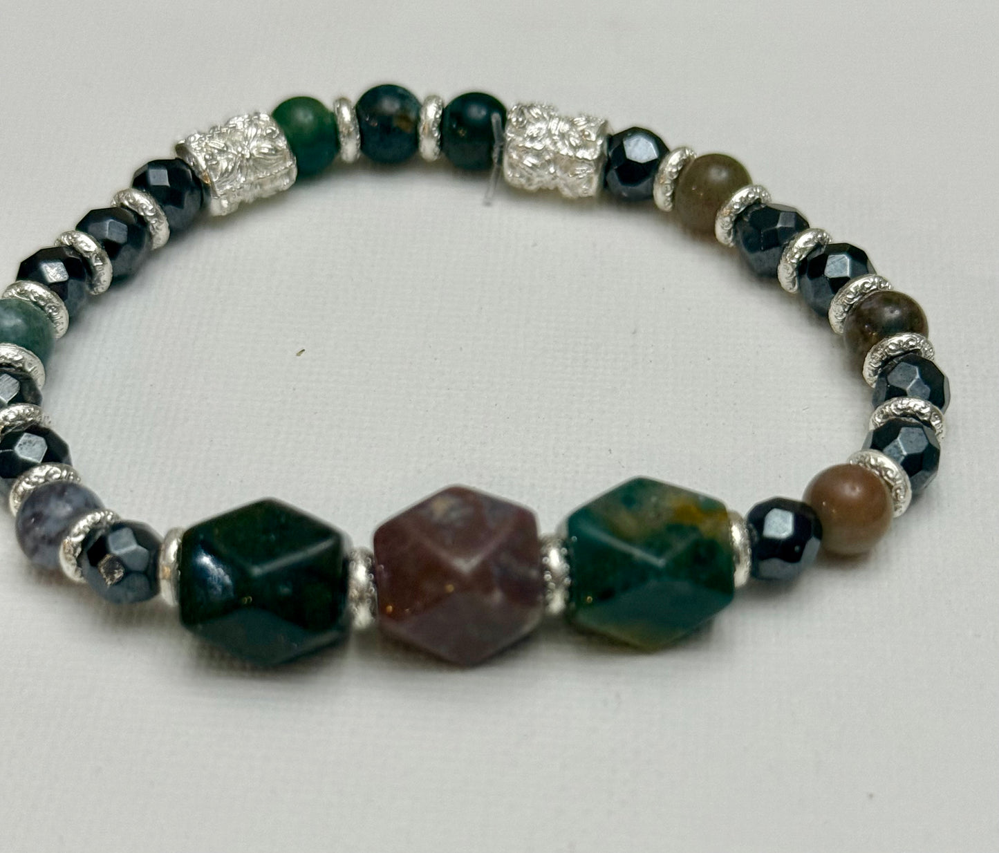 Ocean Jasper and Black Obsidian Bracelet 7.5"