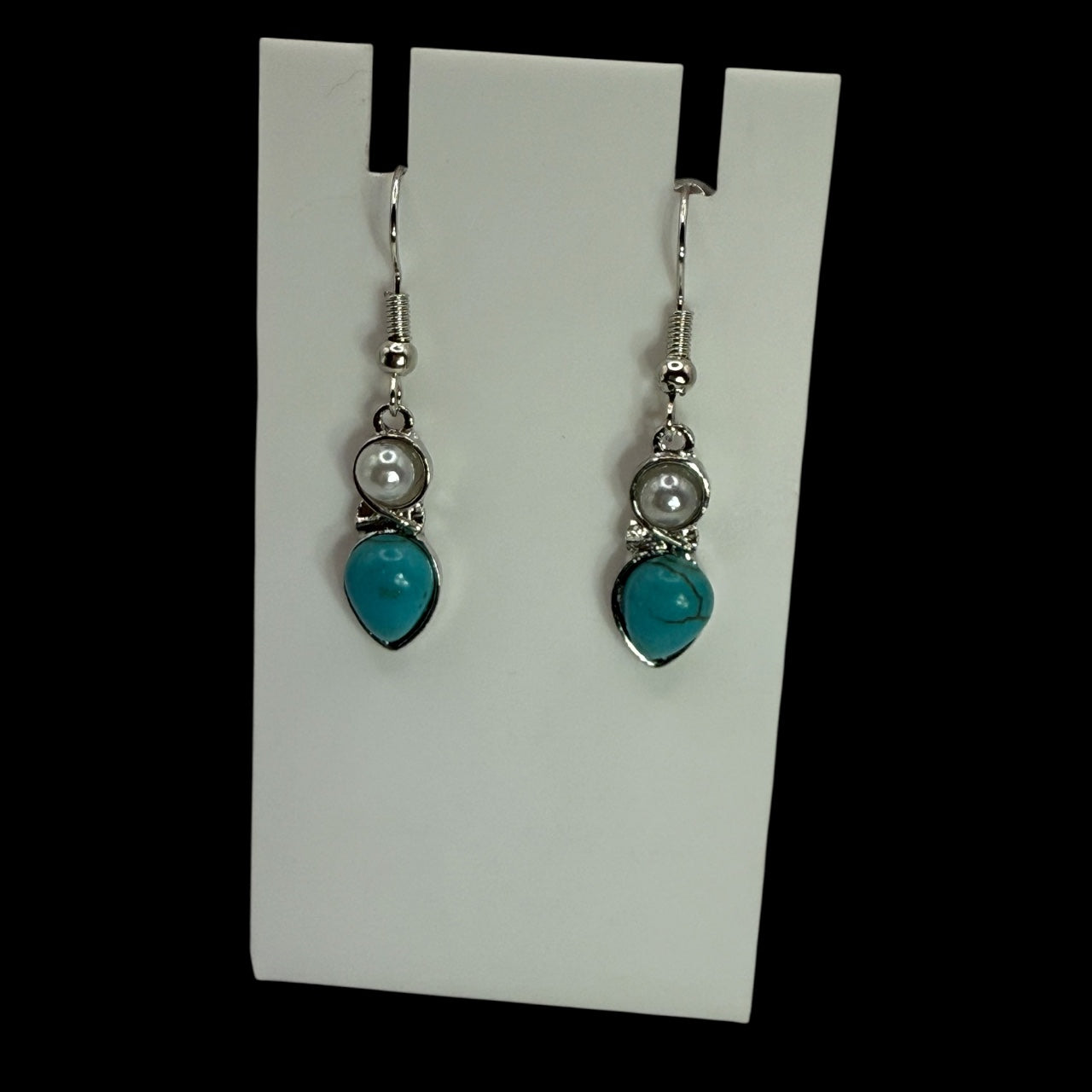 Turquoise Howlite and Glass Pearl Drop Earrings – Silver Dangle Handmade Jewelry
