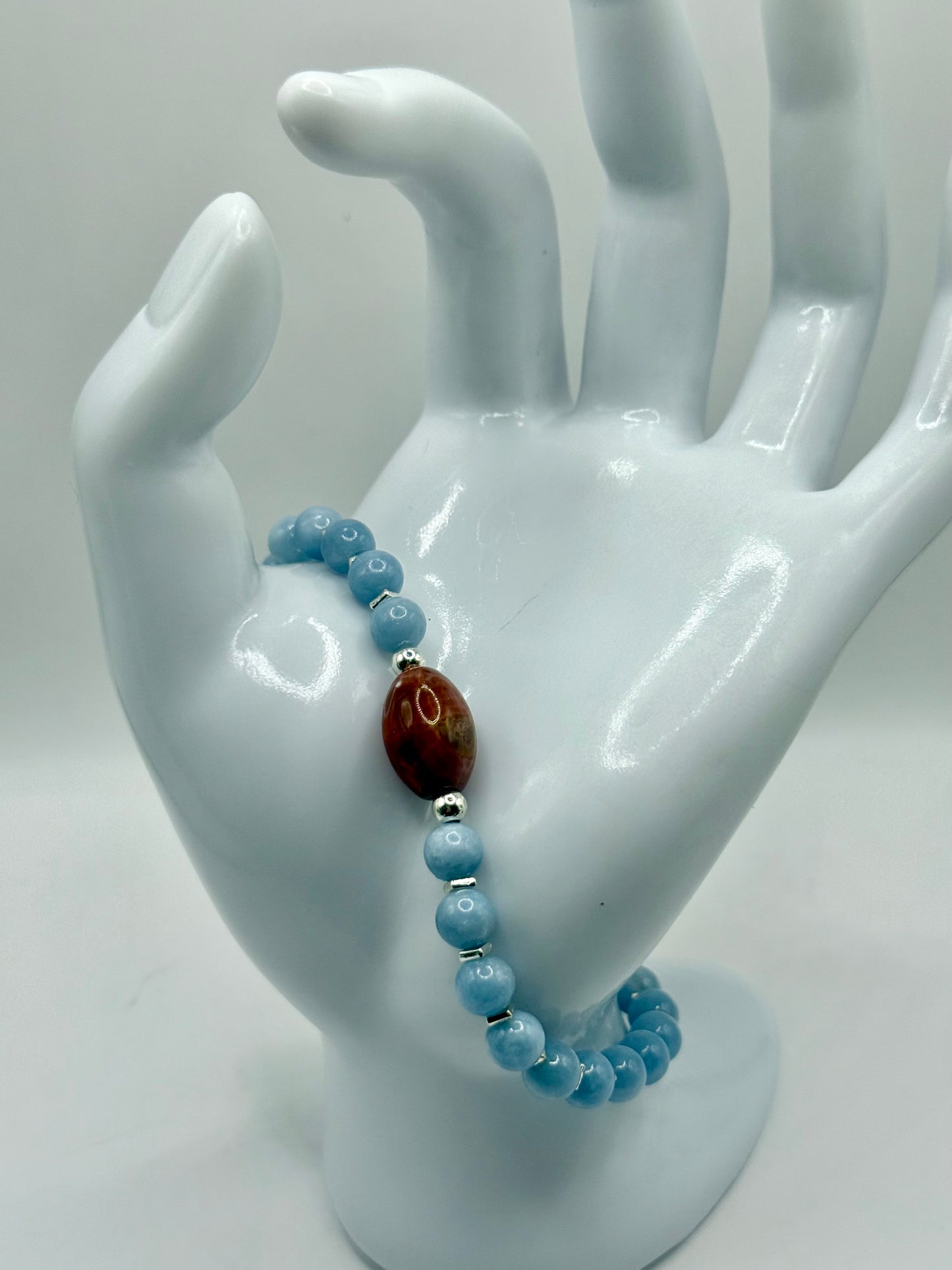 Angelite & Coral Jade Bracelet – 8” Stretch – Blue Healing Stone Jewelry – Gemstone Bracelet with Free Resizing – Handmade Gift
