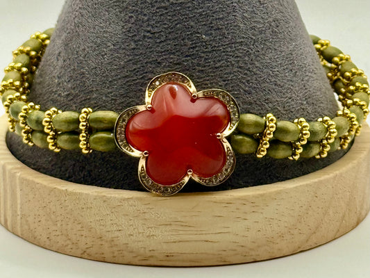 Carnelian Rhinestone Focal with Green African Wood and Gold Accents Bracelet 8"