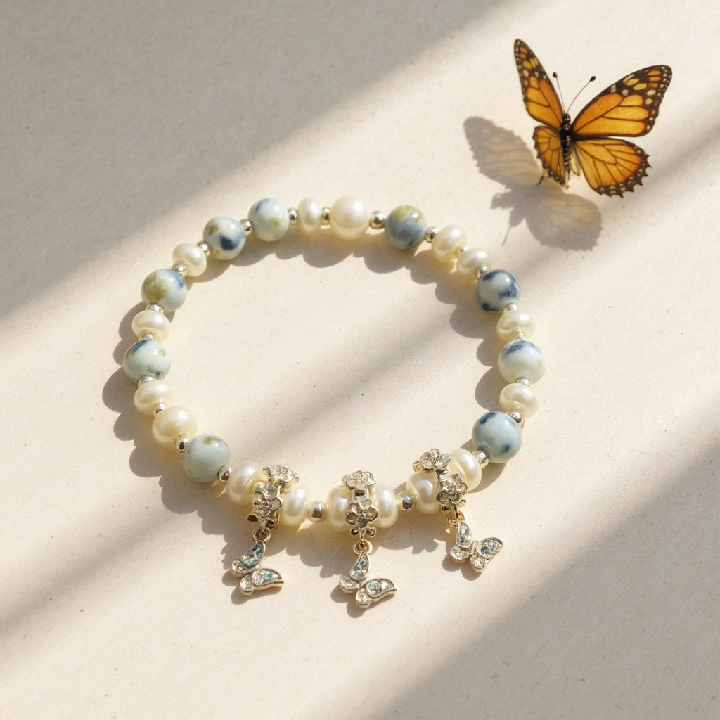 Handmade Orca Agate Stretch Bracelet with Butterfly Charms | 8” Adjustable