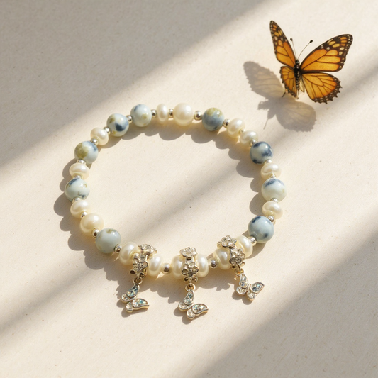Handmade Orca Agate Stretch Bracelet with Butterfly Charms | 8” Adjustable
