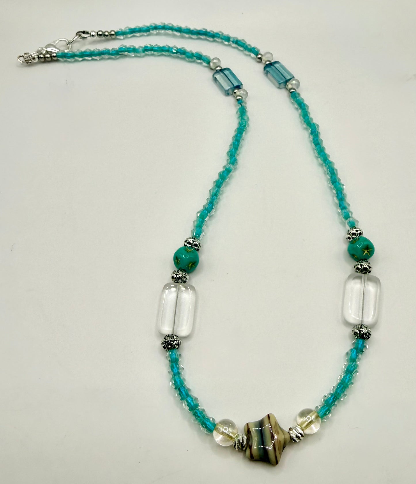 Handmade Glass Bead Necklace with Star Focal | 20” Turquoise Beaded Necklace | Coastal Boho Jewelry