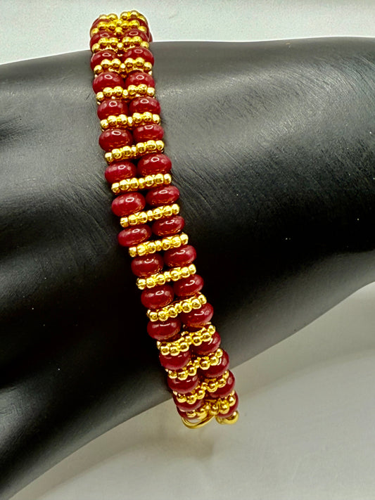 Cherry Quartz & Gold Beaded Bracelet – 7.75” Adjustable Clasp – Handmade Gemstone Jewelry – Free Resizing
