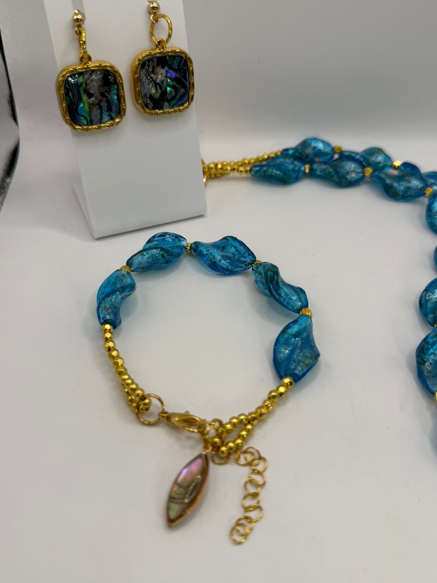 Blue Art Glass Necklace Bracelet Earrings Set | Coastal Jewelry Set | Abalone Pendant | Handmade Statement Jewelry awwwww