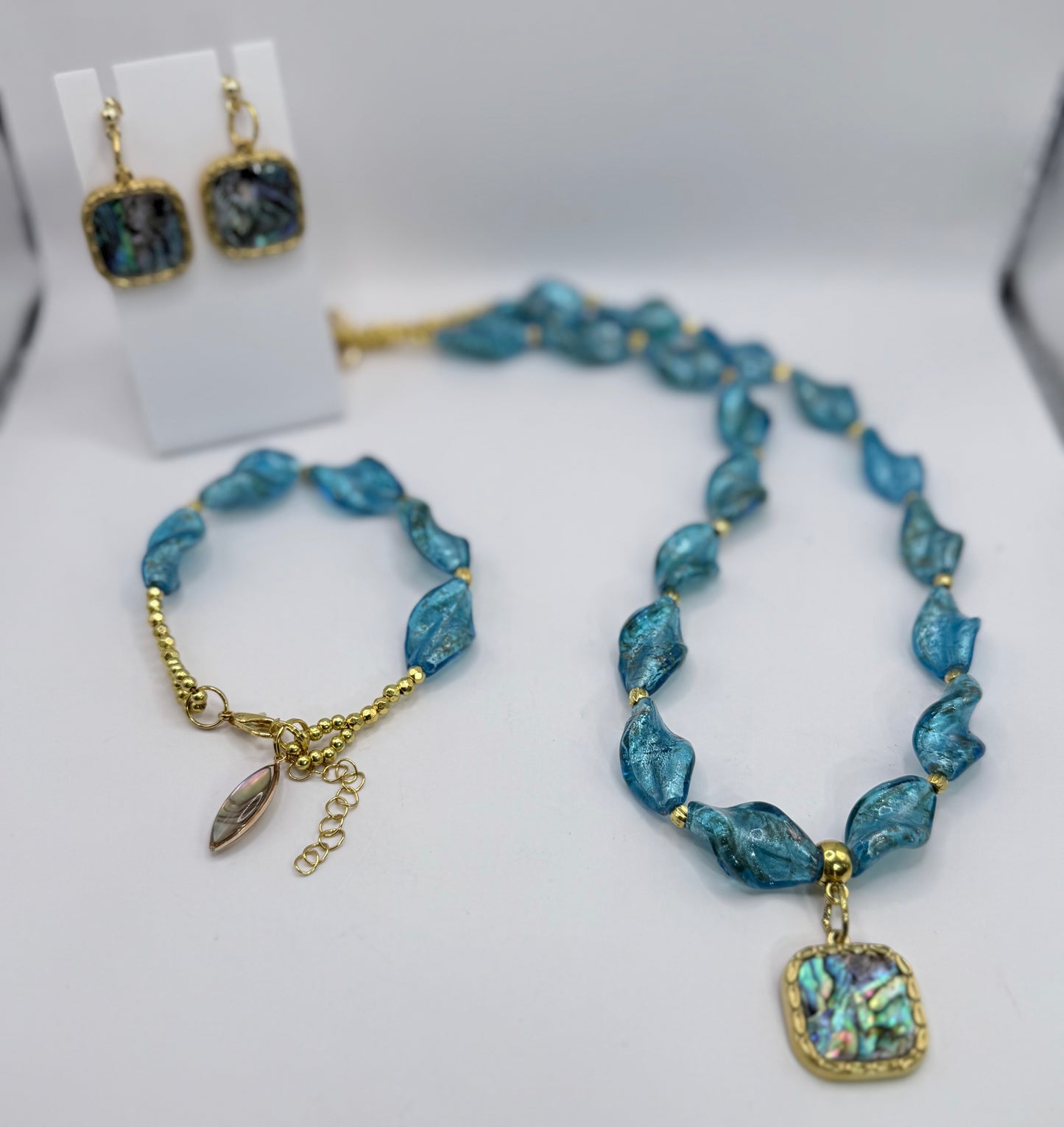 Blue Art Glass Necklace Bracelet Earrings Set | Coastal Jewelry Set | Abalone Pendant | Handmade Statement Jewelry awwwww