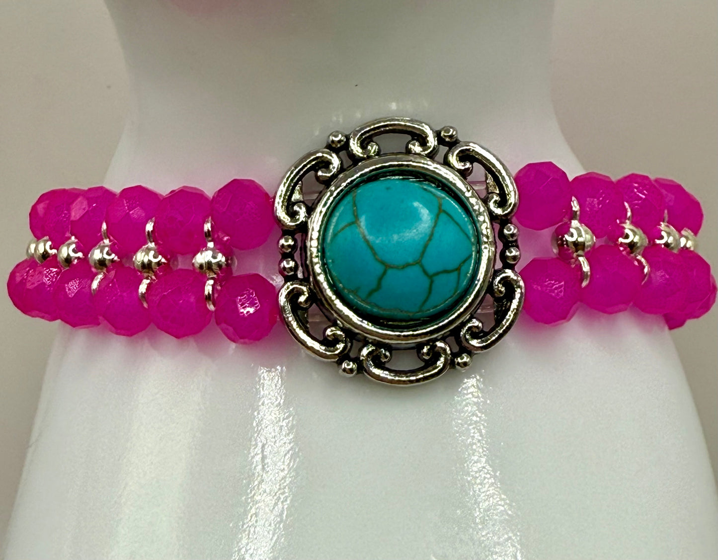 7” Hot Pink Stretch Bracelet with Howlite Centerpiece – Handmade Bold Beaded Jewelry