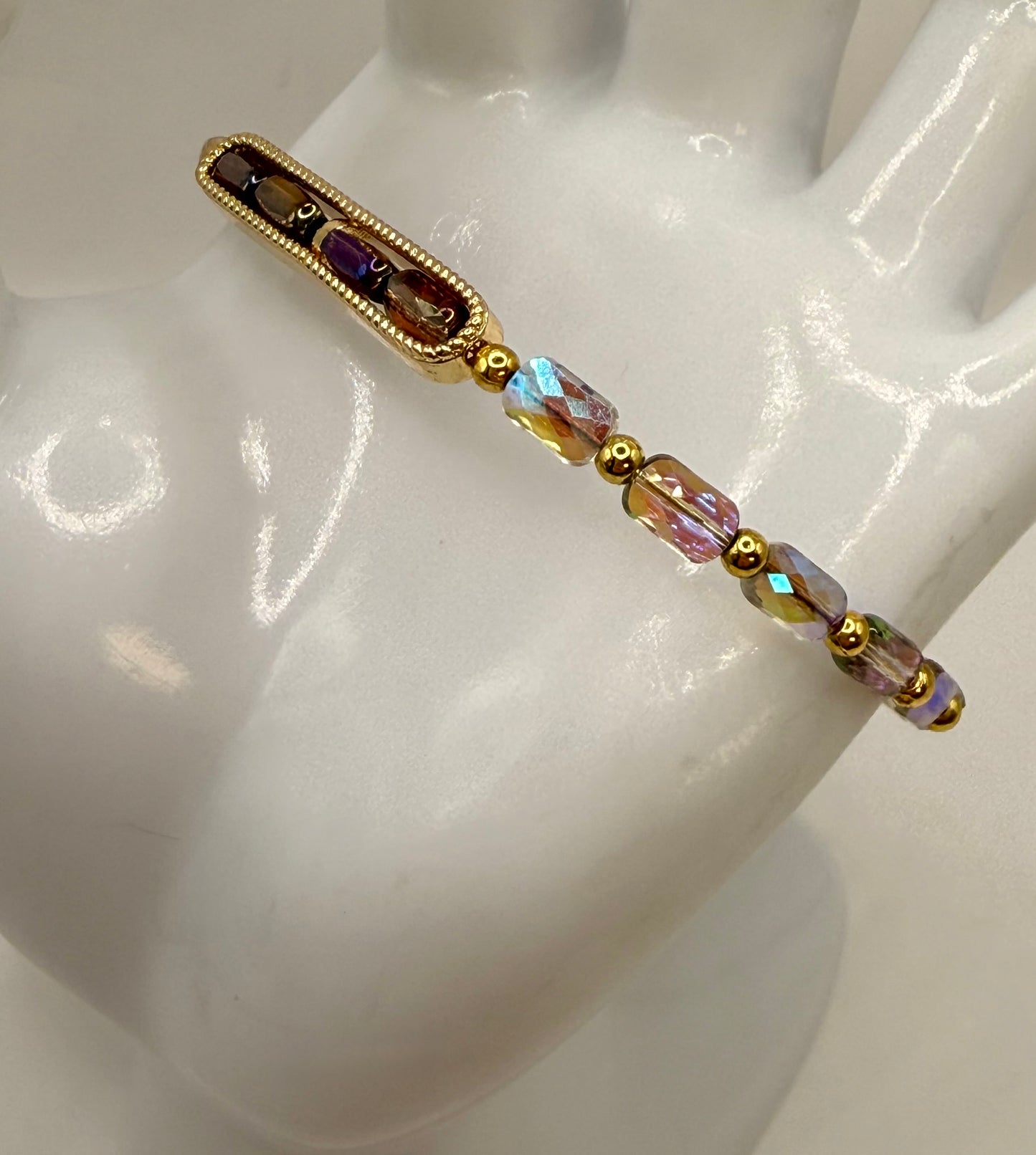 AB Iridescent Glass Bar Bracelet | Gold Frame Adjustable Bracelet | Handmade Sparkle Bracelet | 7–7.75 Inch