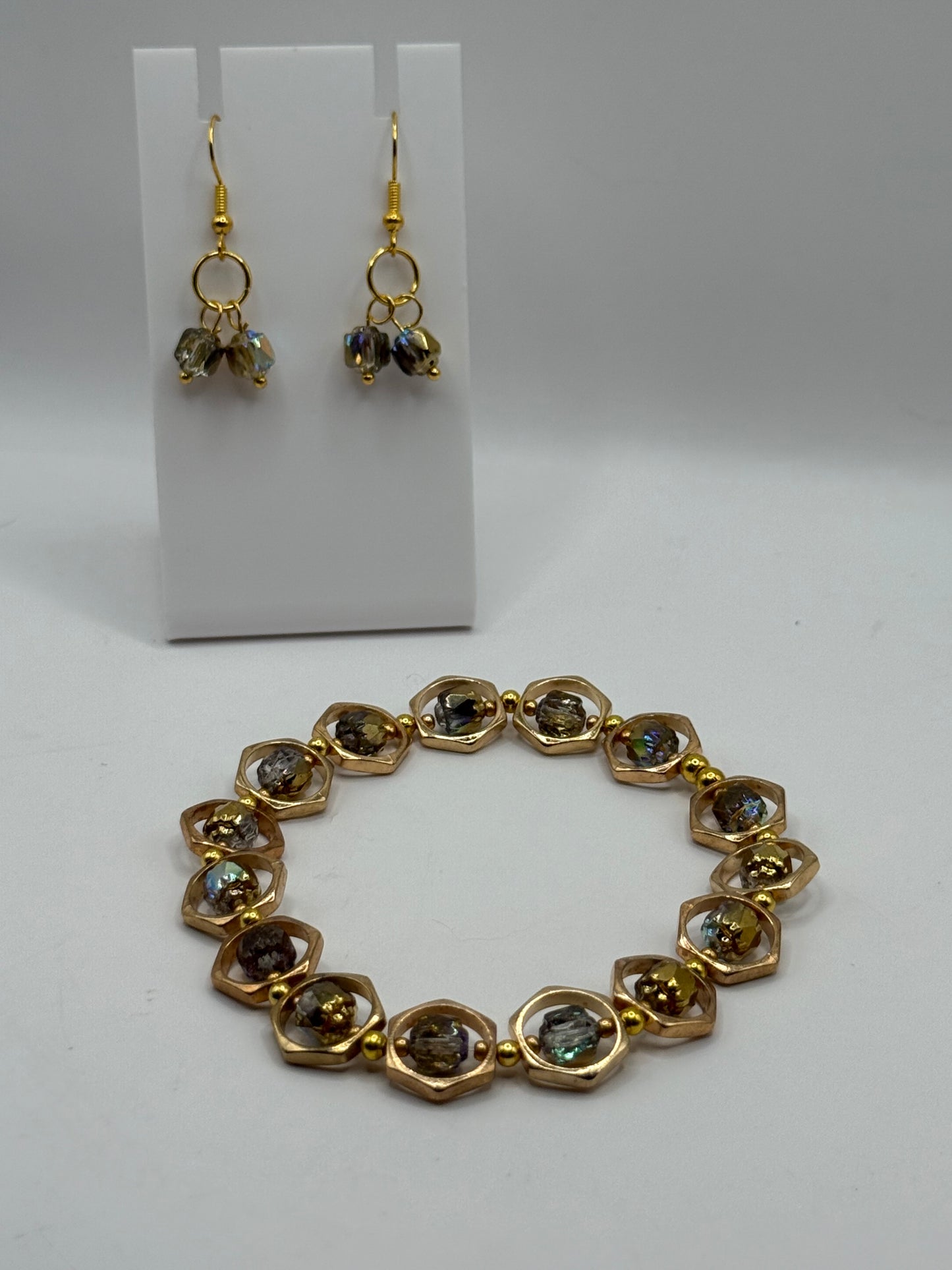 Golden Tone Lantern Bead Bracelet | 7.75” Stretch Bracelet with Iridescent Rainbow Beads | Elegant Boho Jewelry by LuckyCharm Boutique TX