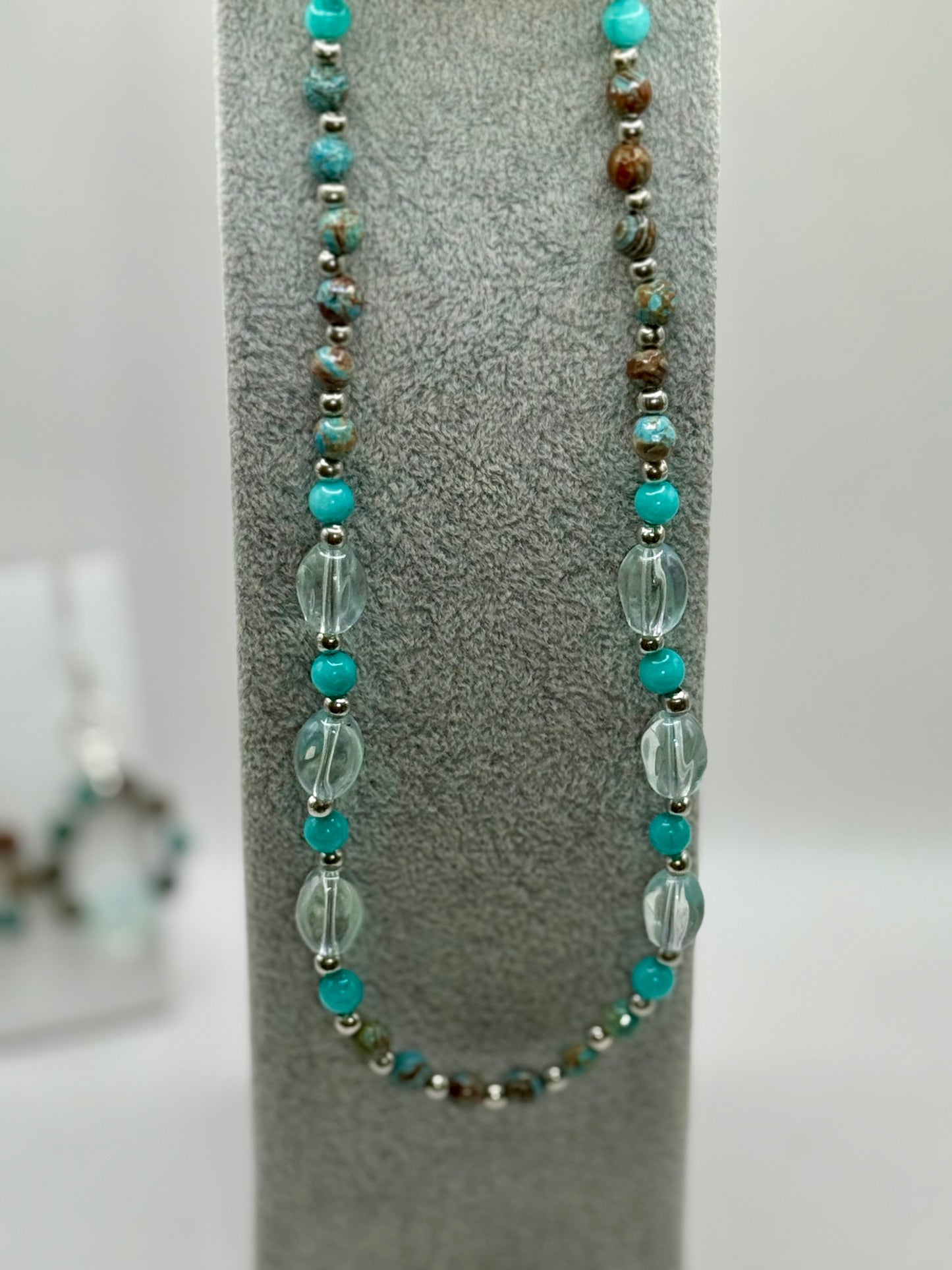 Desert Jasper and Amazonite Necklace Set – 20” Beaded Necklace with Matching Earrings, Natural Gemstone Jewelry, Handmade Gift for Her