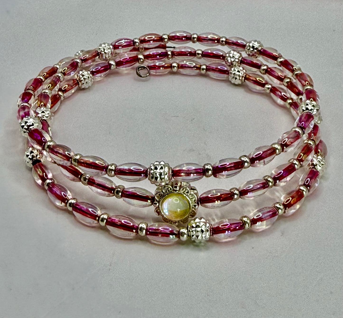 Pink Iridescent Beaded Necklace Set | 22” Necklace + Coordinating Wrap Bracelet | Floral CZ Charm