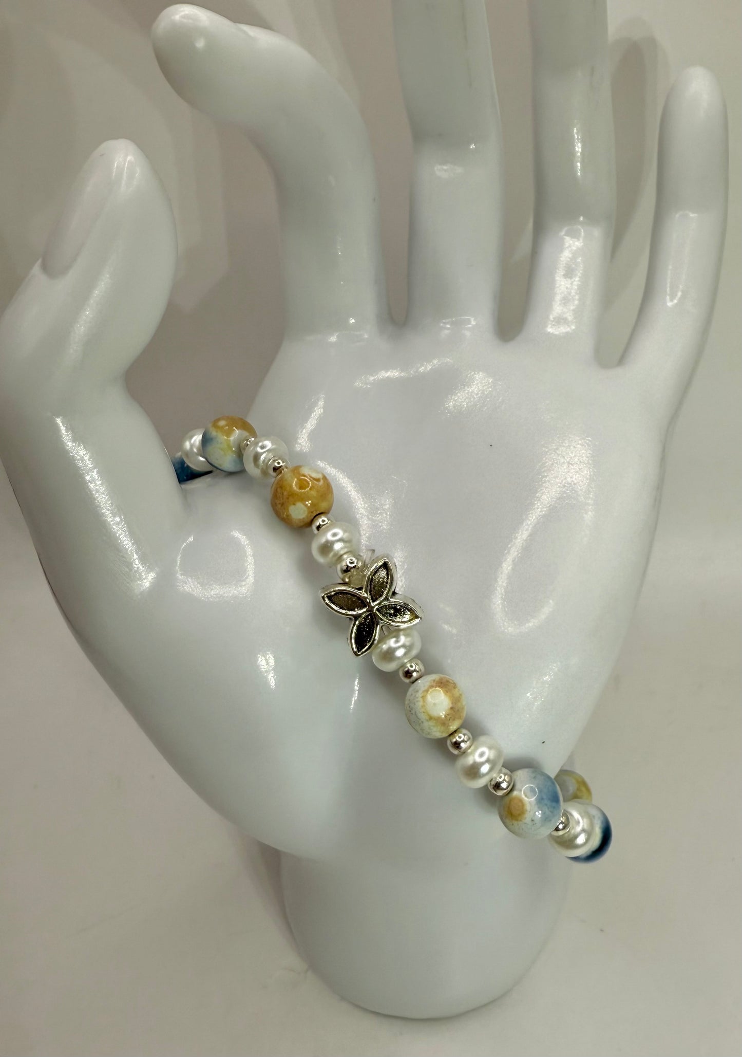 Handmade Orca Agate Stretch Bracelet with Butterfly Charms | 8” Adjustable