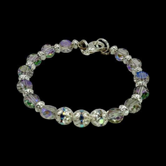 Electroplated Glass Coin Bracelet – 7.5” Clasp, Iridescent Crystal Beads, Handmade Jewelry Gift for Her