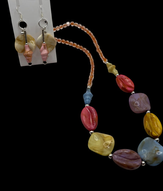 Chunky Seashell Necklace & Earrings Set – 20” Summer Statement Jewelry, Ocean Inspired, Colorful Beach Boho Gift for Her