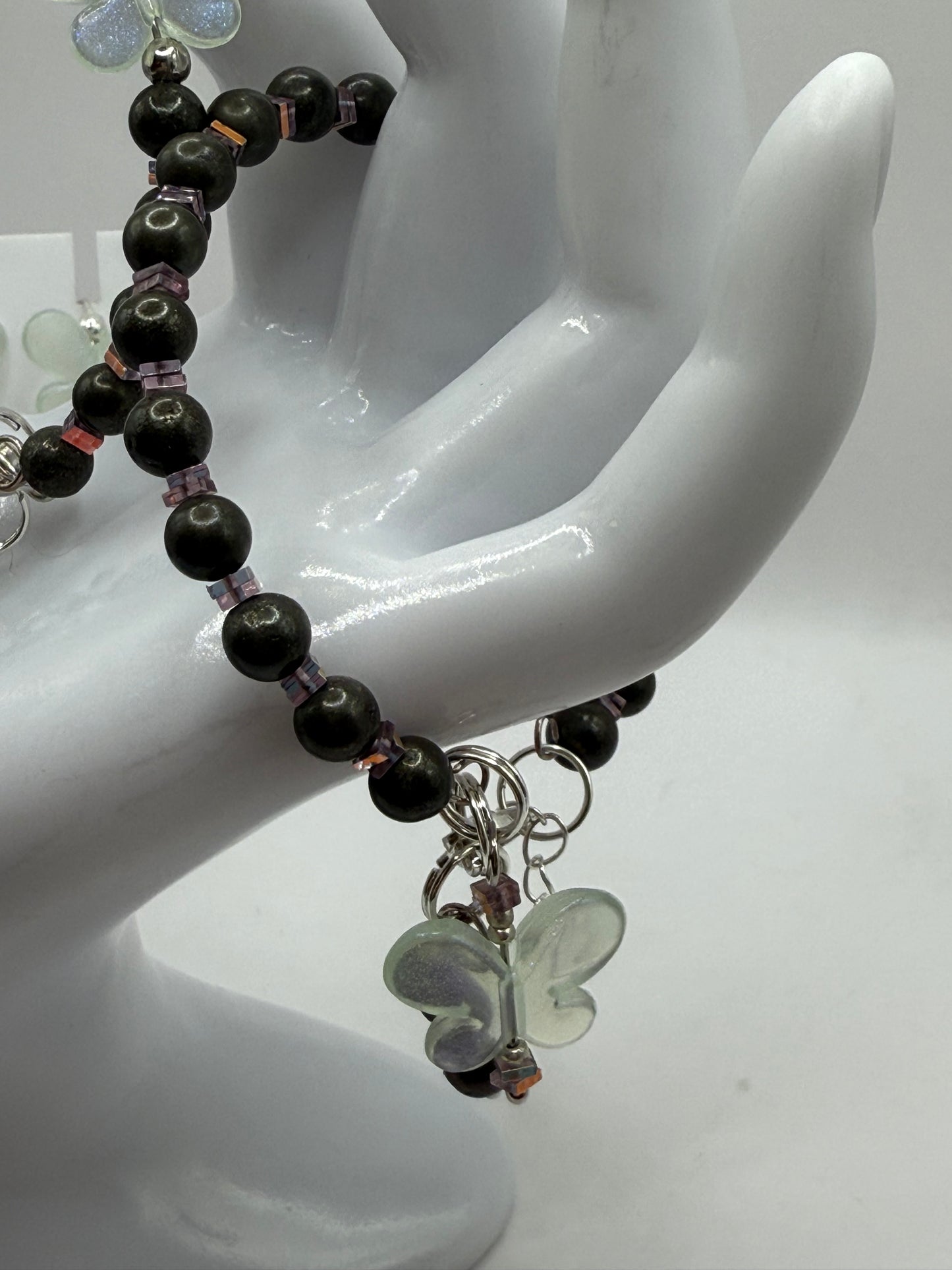 7.5” Dragon Vein Agate and Pyrite Bracelet Set with Iridescent Butterfly Charms | Handmade Gemstone Jewelry + Free Matching Earrings
