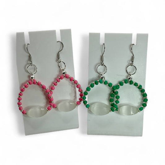 Cat Eye Selenite Beaded Earrings | Handmade Pink or Green Dangle Earrings | Lightweight Boho Jewelry | Gift for Her