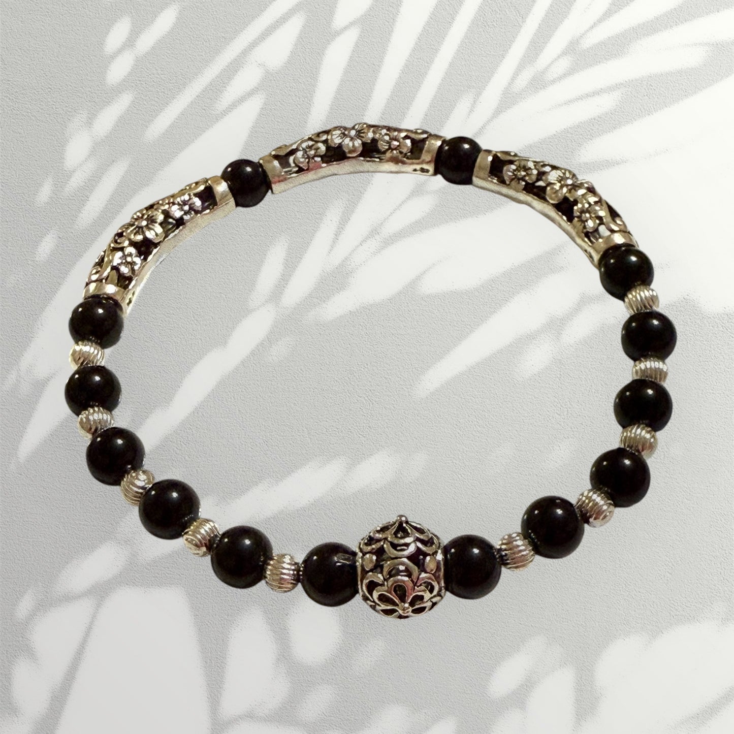 Black Agate and Silver Floral Stretch Bracelet 7.75"