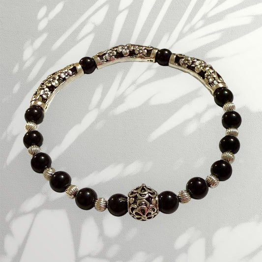 Black Agate and Silver Floral Stretch Bracelet 7.75"