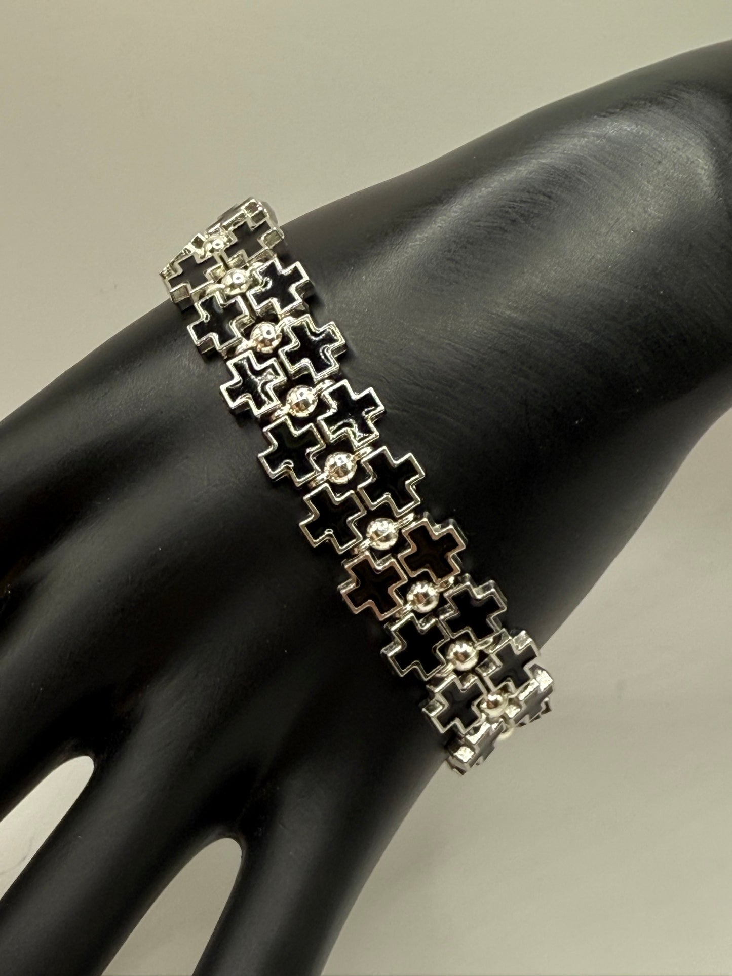 Bold Black Cross Link Bracelet – Adjustable 7.5” to 8”, Silver-Tone Double Row Design, Unique Statement Jewelry