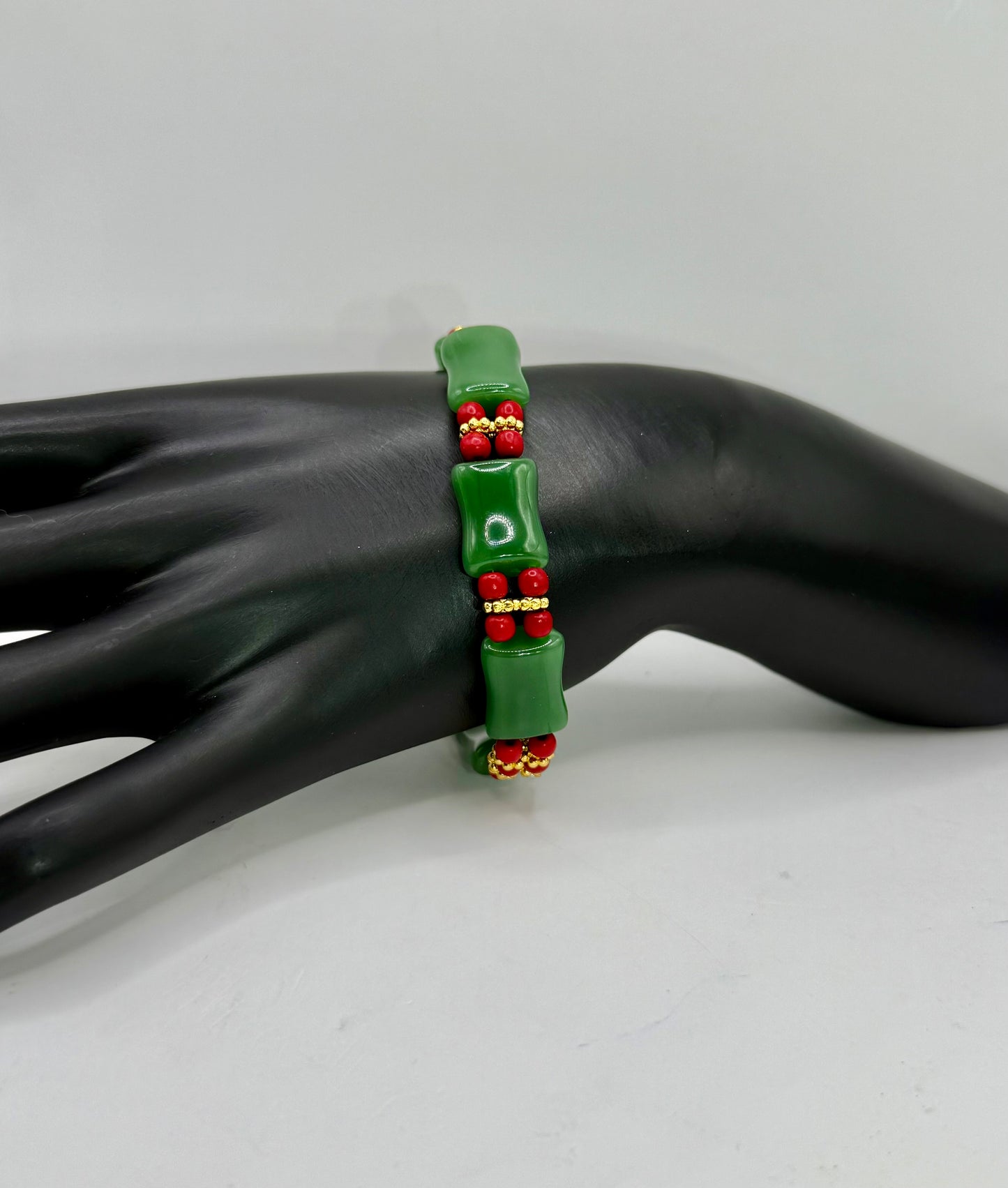 Green Jade & Red Accent Stretch Bracelet – 7.75”
