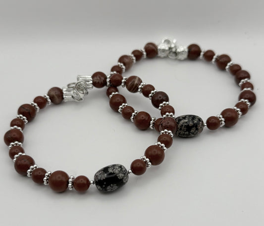 Red Jasper and Black Coral Bracelets 7.5"-7.75"