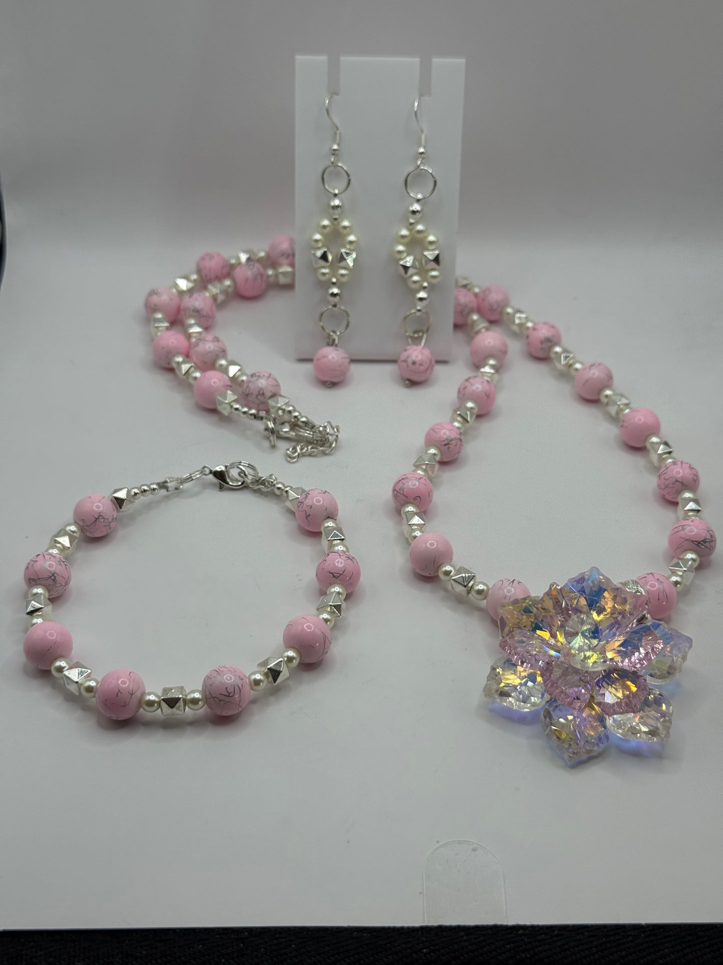 Pink Beaded Necklace with Crystal Flower Pendant – 26” Handmade Jewelry Set with Matching 8" Bracelet & Earrings