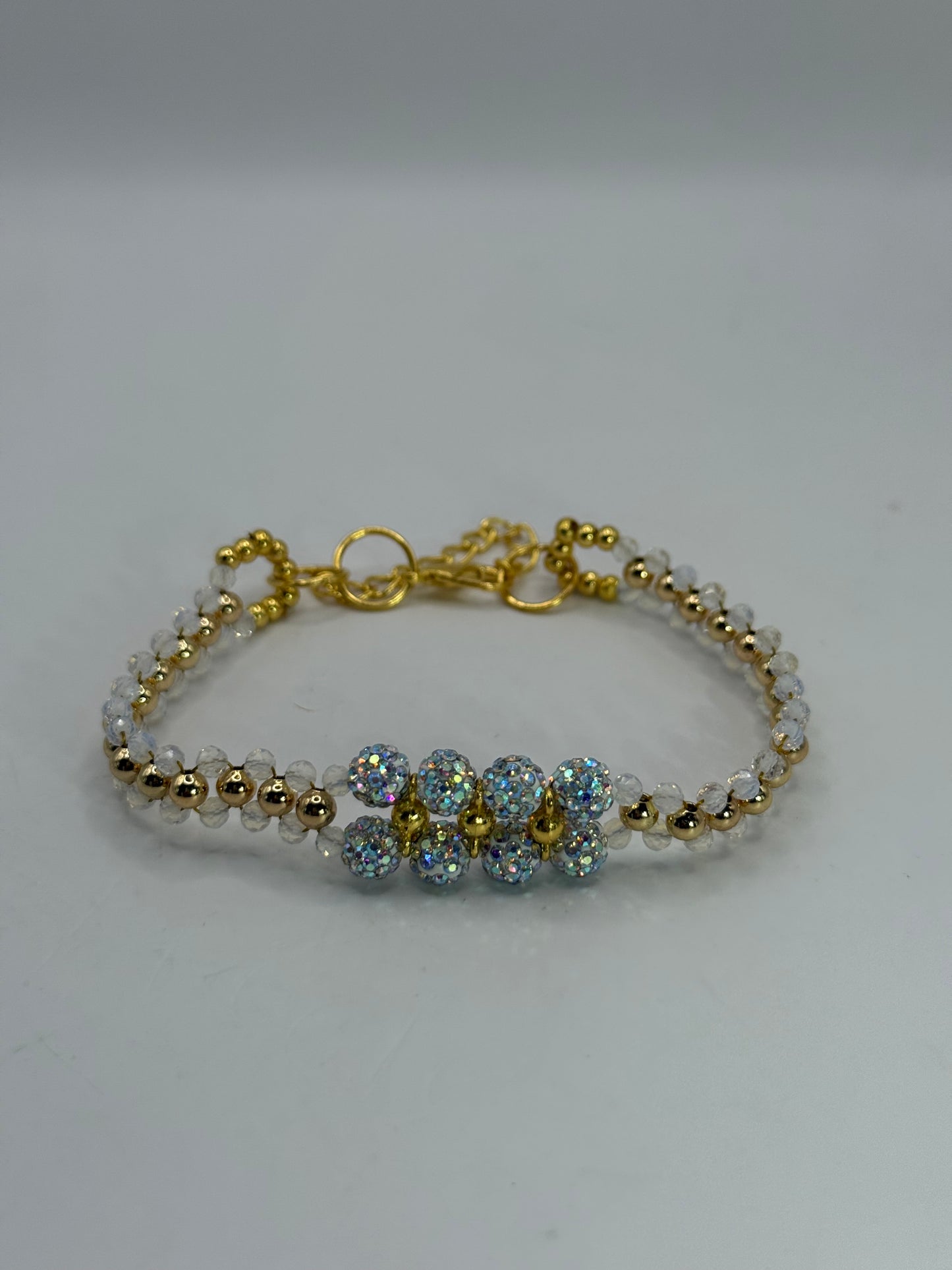 Opalite Beaded Double Band Bracelet – 7” Adjustable Clasp | Dainty Gold & Iridescent Sparkle Jewelry | Handmade Gift
