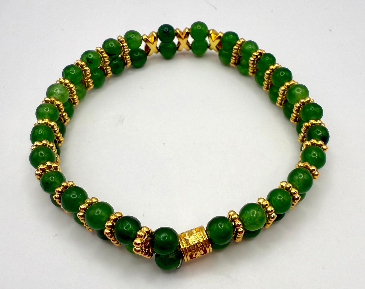 Traditional Green Jade and Gold Accent Stretch Bracelet 7.5"